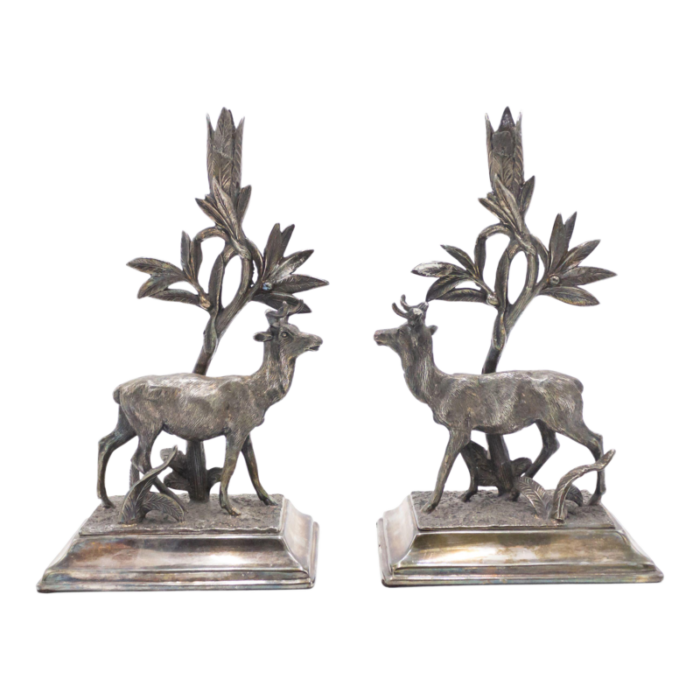 english victorian silver plate deer candlesticks a pair 9369