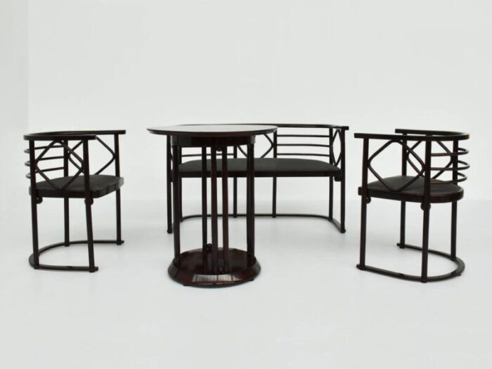 fledermaus cabaret bench with chairs and bistrot table by josef hoffmann 1980 set of 4 4099