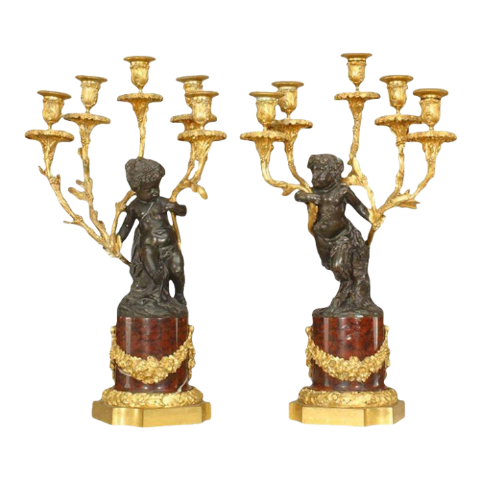 french louis xv style bronze with cupid 5 arm candelabras on marble bases a pair 7718