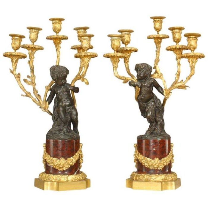 french louis xv style bronze with cupid 5 arm candelabras on marble bases a pair 9812