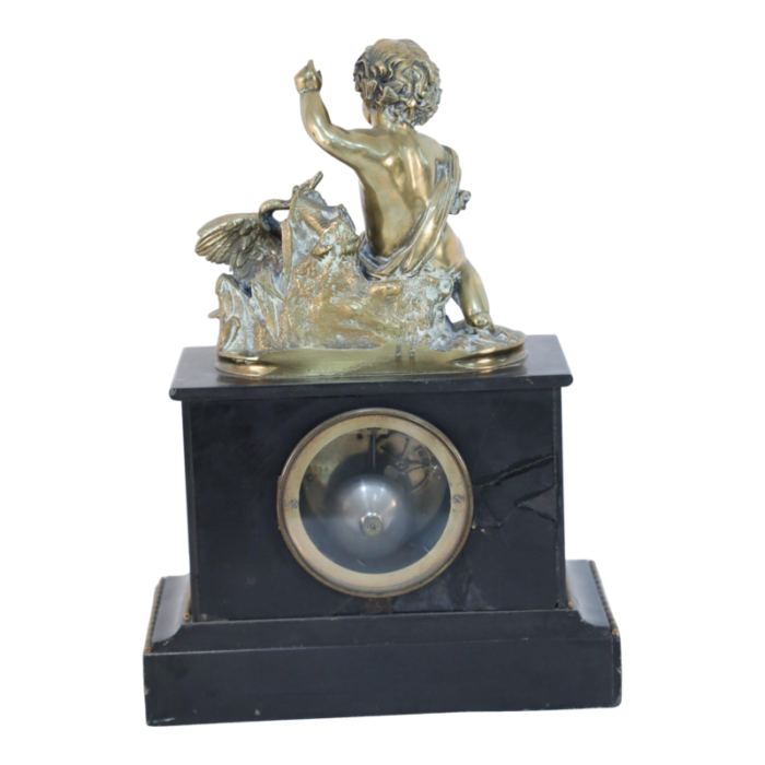 french victorian ebonized allegorical mantel clock with bronze putti with swan 0001