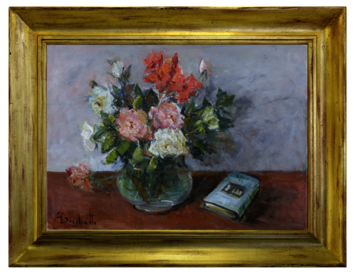 gaetano bocchetti still life with flowers and book oil on canvas 1970s framed 8638