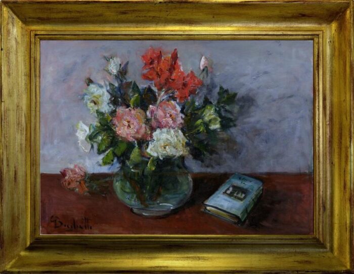 gaetano bocchetti still life with flowers and book oil on canvas 1970s framed 9528