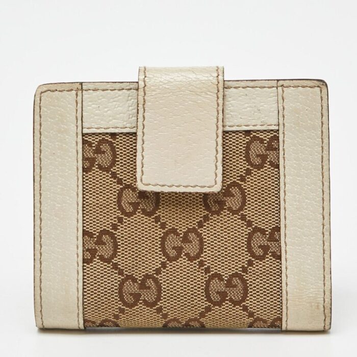 gucci beigeoff white gg canvas and leather compact wallet 6101