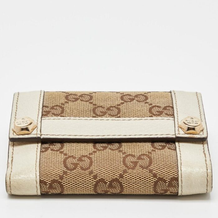 gucci beigeoff white gg canvas and leather compact wallet 7704