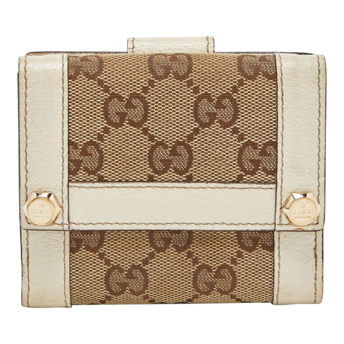 gucci beigeoff white gg canvas and leather compact wallet 8319