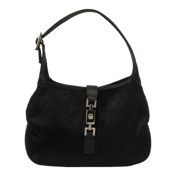 gucci fur satin combination jackie top handle bag black 3112