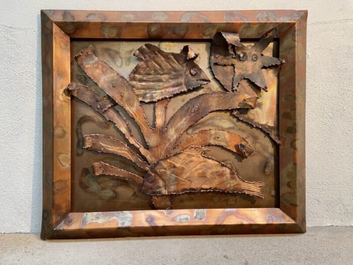 hand crafted underwater world copper art wall relief finland 1960s 1