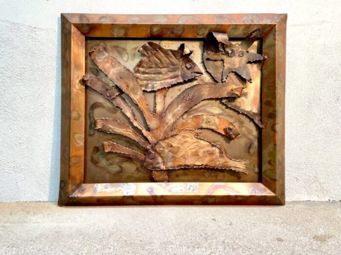 hand crafted underwater world copper art wall relief finland 1960s 13