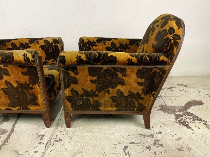 italian armchairs in wood and orange and brown damask velvet 1930s set of 2 0427