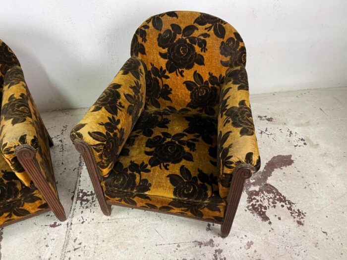 italian armchairs in wood and orange and brown damask velvet 1930s set of 2 3444