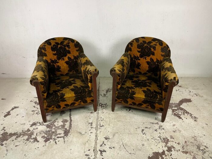 italian armchairs in wood and orange and brown damask velvet 1930s set of 2 3471