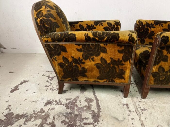 italian armchairs in wood and orange and brown damask velvet 1930s set of 2 5120