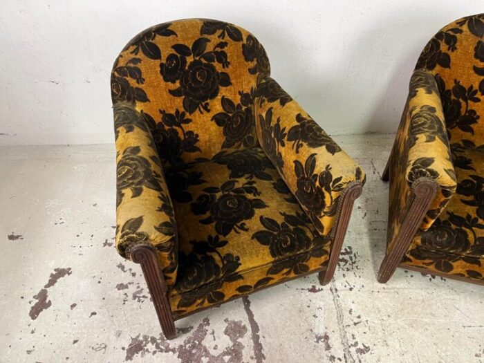 italian armchairs in wood and orange and brown damask velvet 1930s set of 2 6820