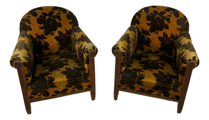 italian armchairs in wood and orange and brown damask velvet 1930s set of 2 7269