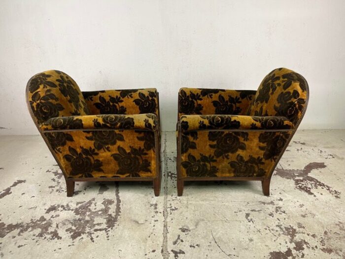 italian armchairs in wood and orange and brown damask velvet 1930s set of 2 7722