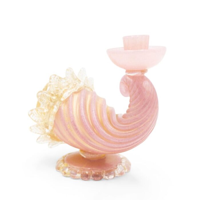 italian murano pink and gold cornucopia candlesticks a pair 0142