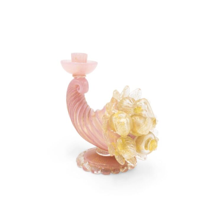 italian murano pink and gold cornucopia candlesticks a pair 0185