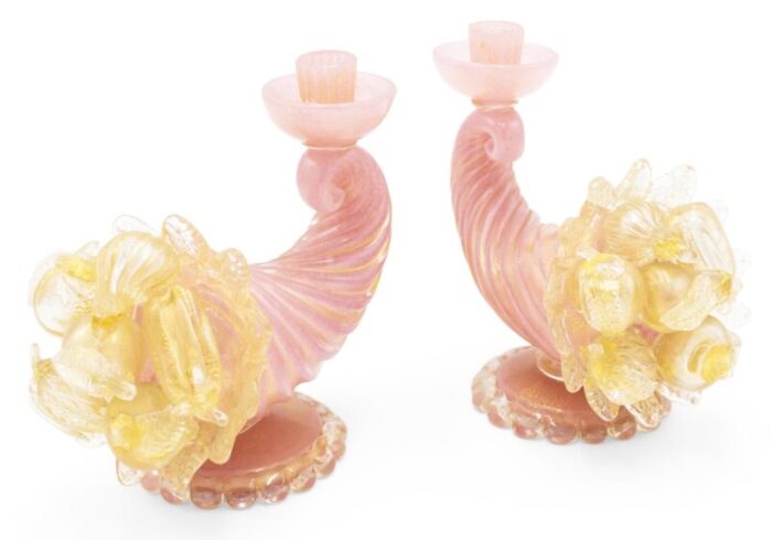 italian murano pink and gold cornucopia candlesticks a pair 6989