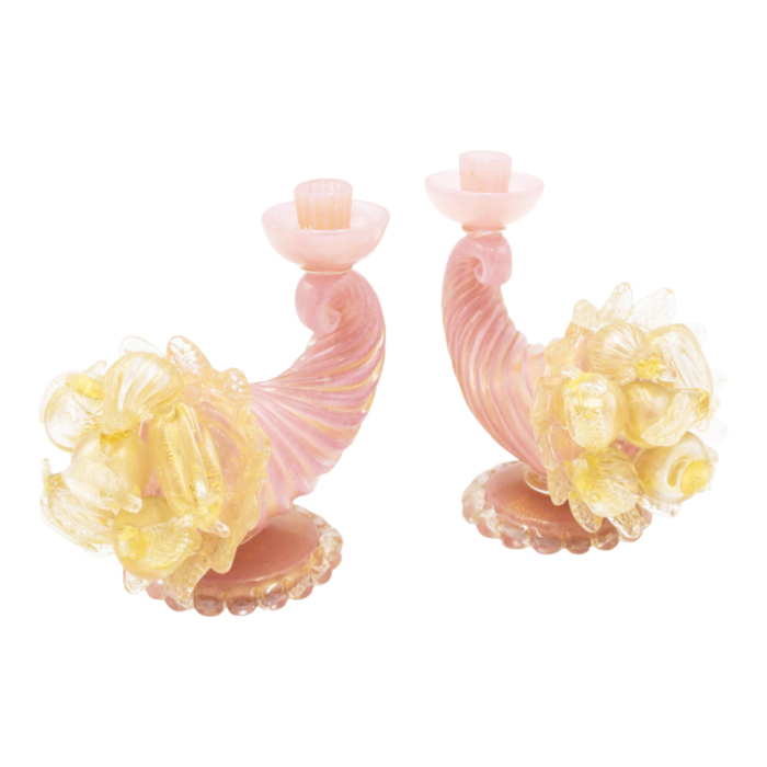 italian murano pink and gold cornucopia candlesticks a pair 8032