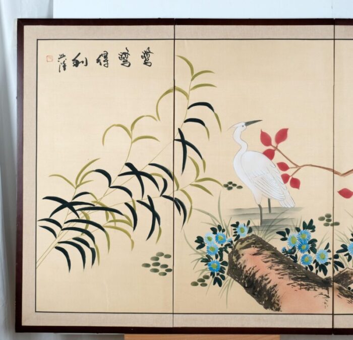 japanese 4 panel byobu 4 white wading egrets hand painted and hand signed folding divider screen mid 20th century 0374