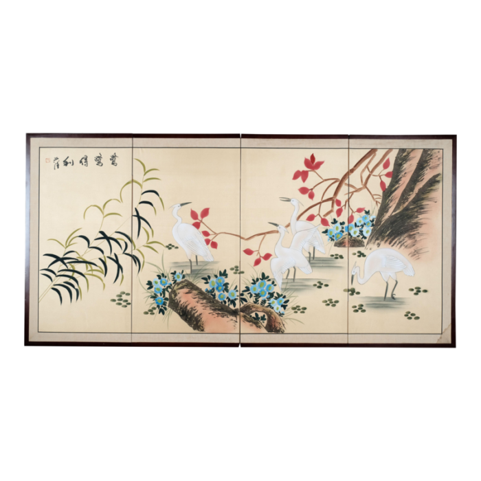 japanese 4 panel byobu 4 white wading egrets hand painted and hand signed folding divider screen mid 20th century 2784