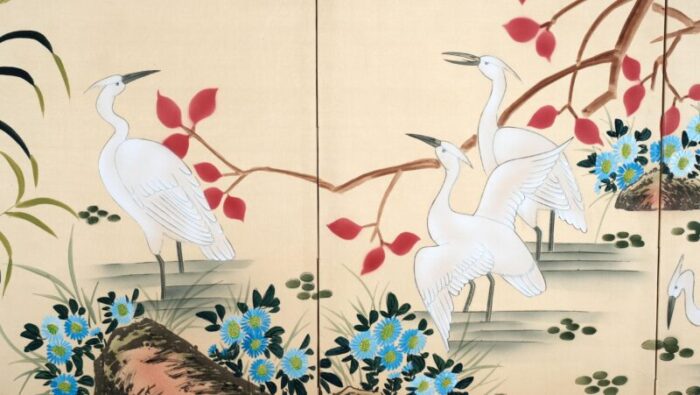 japanese 4 panel byobu 4 white wading egrets hand painted and hand signed folding divider screen mid 20th century 6897