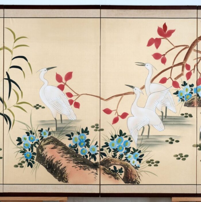 japanese 4 panel byobu 4 white wading egrets hand painted and hand signed folding divider screen mid 20th century 8507