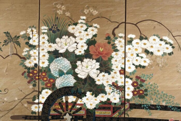 japanese 4 panel byobu bountiful flower cart hand signed and hand painted folding divider screen early to mid 20th century 0097