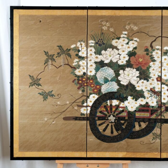 japanese 4 panel byobu bountiful flower cart hand signed and hand painted folding divider screen early to mid 20th century 1072