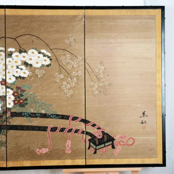 japanese 4 panel byobu bountiful flower cart hand signed and hand painted folding divider screen early to mid 20th century 1670