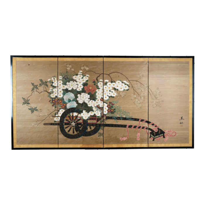 japanese 4 panel byobu bountiful flower cart hand signed and hand painted folding divider screen early to mid 20th century 2553