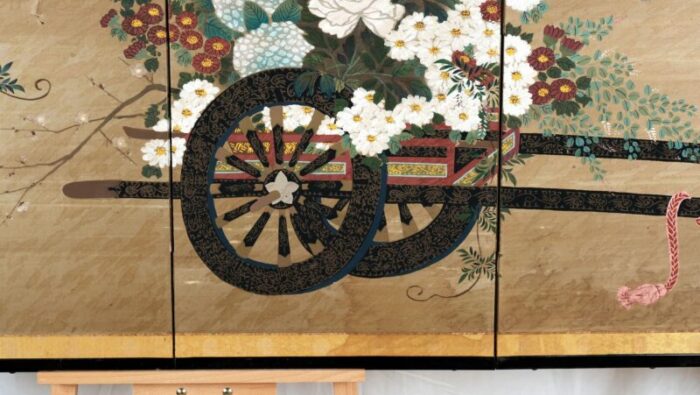 japanese 4 panel byobu bountiful flower cart hand signed and hand painted folding divider screen early to mid 20th century 7865