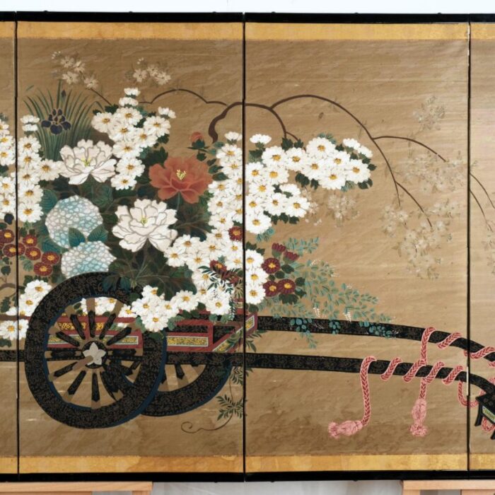 japanese 4 panel byobu bountiful flower cart hand signed and hand painted folding divider screen early to mid 20th century 8952