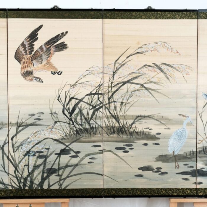 japanese 4 panel byobu hawk hunting white egrets hand painted and hand signed folding divider screen early to mid 20th century 1125