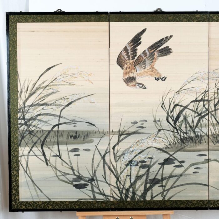 japanese 4 panel byobu hawk hunting white egrets hand painted and hand signed folding divider screen early to mid 20th century 2385