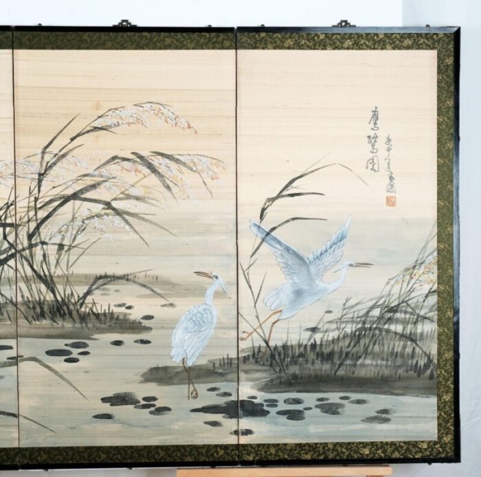 japanese 4 panel byobu hawk hunting white egrets hand painted and hand signed folding divider screen early to mid 20th century 3710