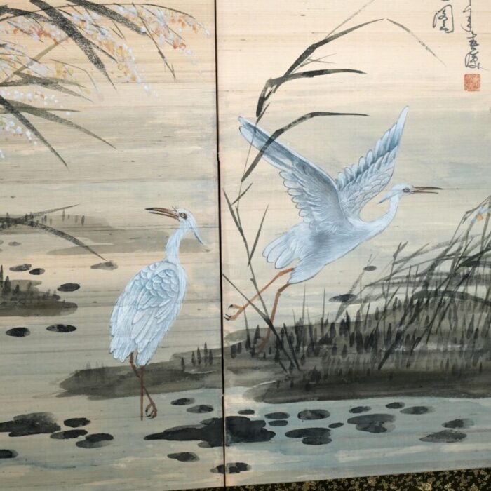 japanese 4 panel byobu hawk hunting white egrets hand painted and hand signed folding divider screen early to mid 20th century 5398