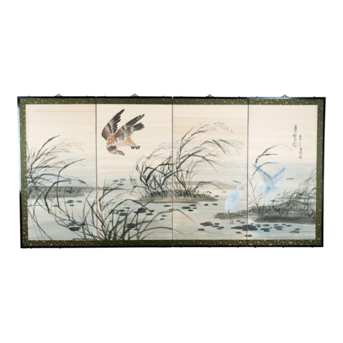 japanese 4 panel byobu hawk hunting white egrets hand painted and hand signed folding divider screen early to mid 20th century 5560