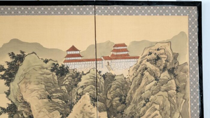 japanese 4 panel byobu mountaintop monastery hand signed and hand painted folding divider screen early to mid 20th century 0727