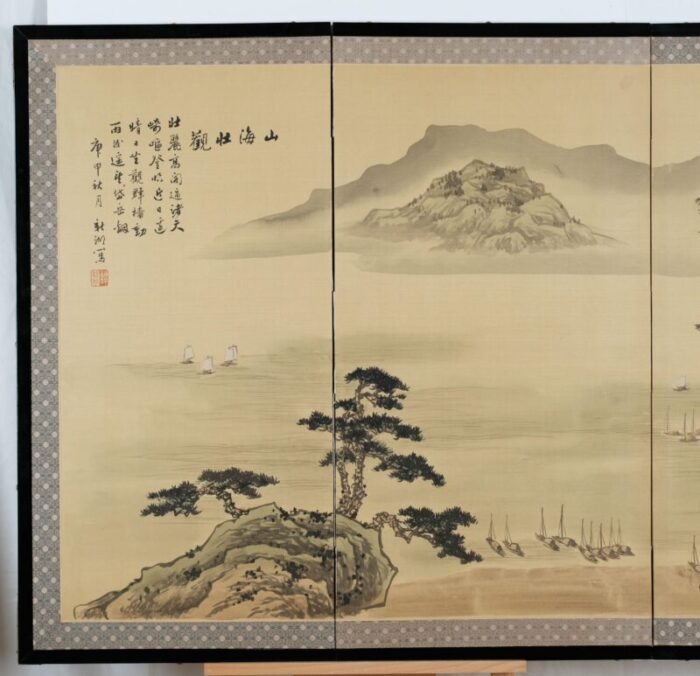 japanese 4 panel byobu mountaintop monastery hand signed and hand painted folding divider screen early to mid 20th century 1760