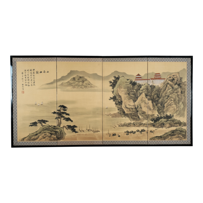 japanese 4 panel byobu mountaintop monastery hand signed and hand painted folding divider screen early to mid 20th century 1940