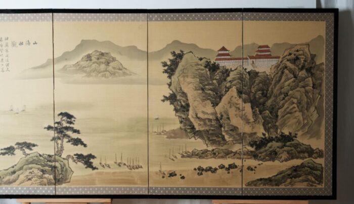 japanese 4 panel byobu mountaintop monastery hand signed and hand painted folding divider screen early to mid 20th century 2287