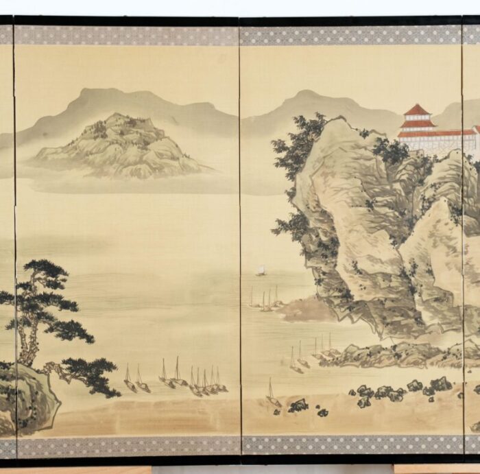 japanese 4 panel byobu mountaintop monastery hand signed and hand painted folding divider screen early to mid 20th century 2709