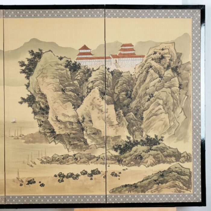 japanese 4 panel byobu mountaintop monastery hand signed and hand painted folding divider screen early to mid 20th century 4914