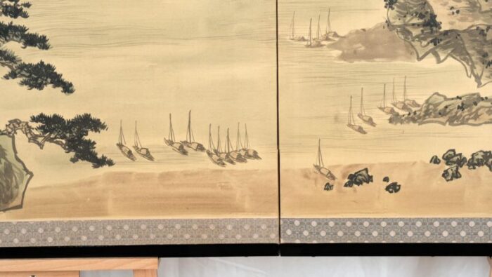 japanese 4 panel byobu mountaintop monastery hand signed and hand painted folding divider screen early to mid 20th century 5984