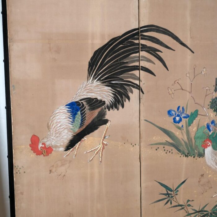 japanese 6 panel byobu rooster hen and sparrows folding divider screen late 19th century 1004