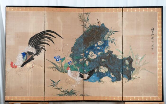 japanese 6 panel byobu rooster hen and sparrows folding divider screen late 19th century 3039