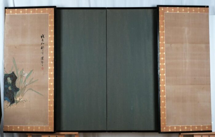 japanese 6 panel byobu rooster hen and sparrows folding divider screen late 19th century 4145