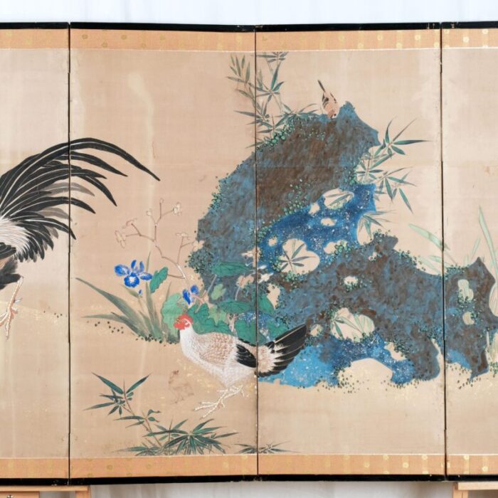 japanese 6 panel byobu rooster hen and sparrows folding divider screen late 19th century 5363